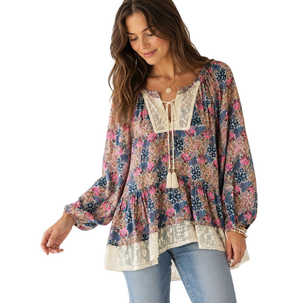 Matilda Jane Blouse Size M Floral Lace Peasant Tunic Tassel Tie Boho Top